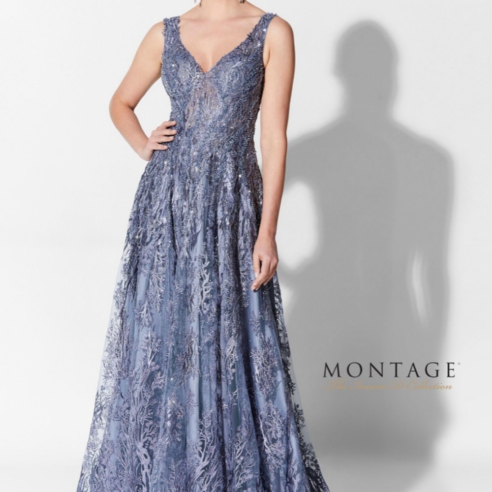 Mon Cheri Slate Blue Lace Maxi Dress